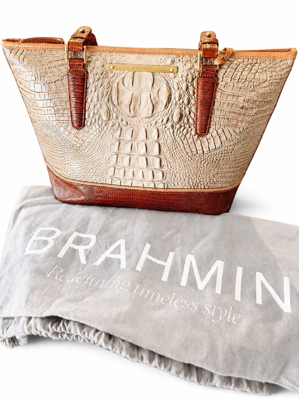 BRAHMIN Croc Embossed Tote Bag – Beige/Brown Colorblock